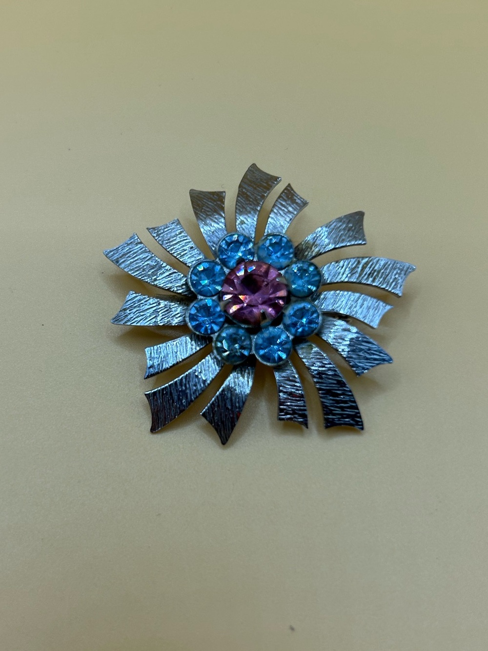 Vintage Silver-Tone Flower Brooch with Blue and Pink Rhinestones